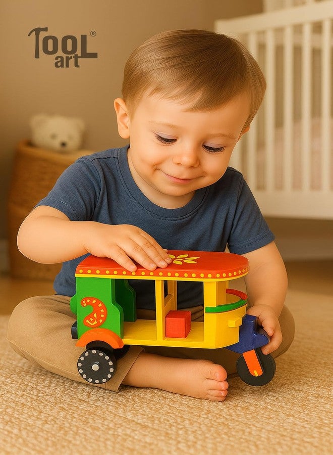 Toolart® Wooden Handcrafted Hand-Painted Auto Rickshaw Toy for Kids | Traditional Push & Pull Wooden Toy Showpiece | Best Birthday Return Gift (Small_Auto_Parent) (02r) - Image 2